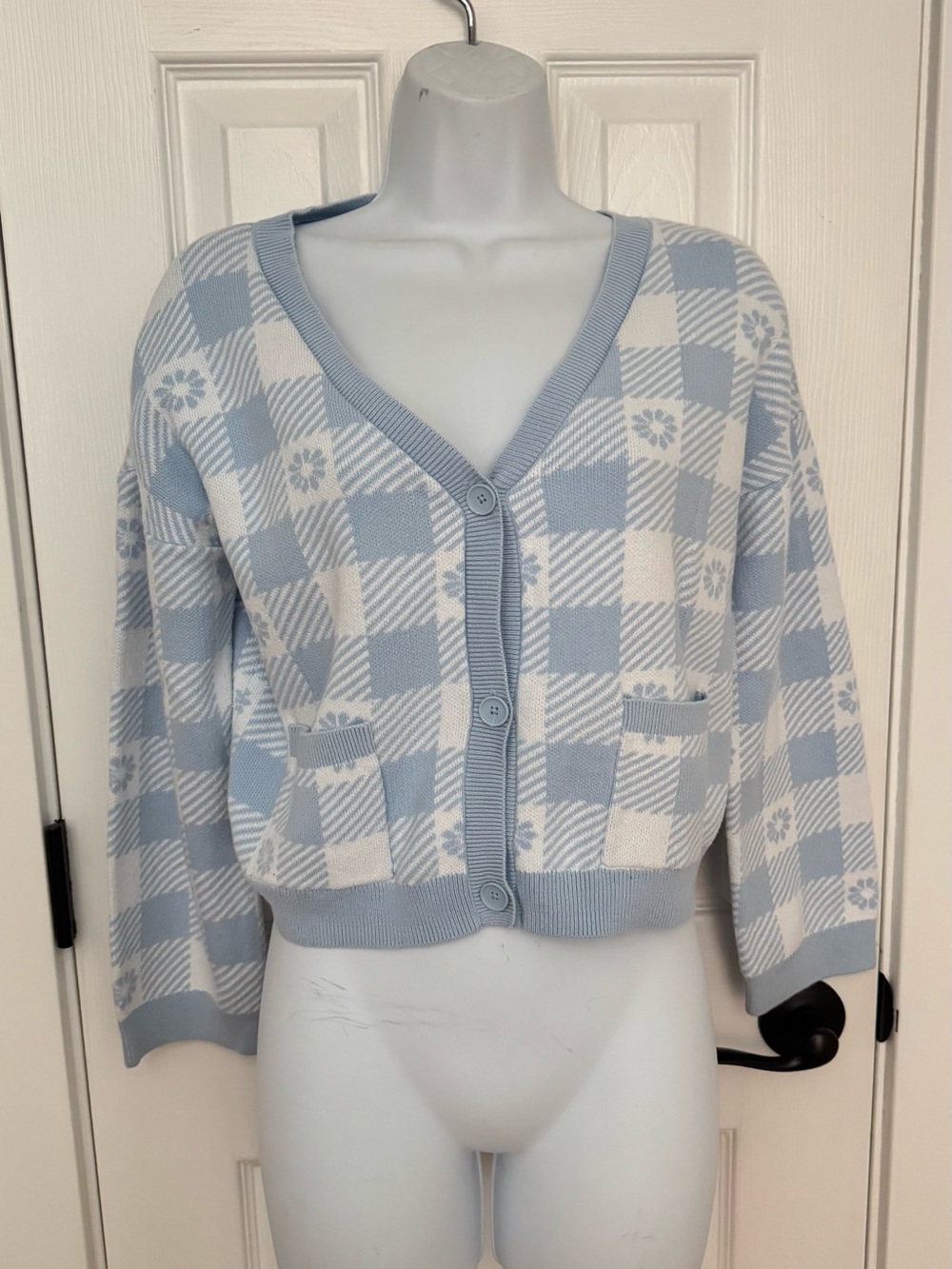 Old Navy Light Blue & White Checked V-Neck Button Cardigan